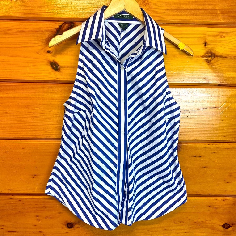 Ralph Lauren Navy White Sleeveless collared Button Front Cotton Vest Blouse 10